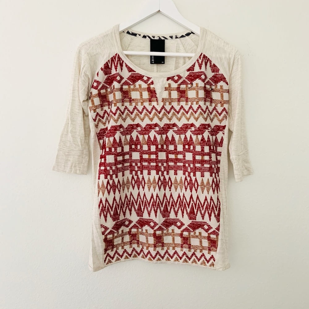 Anthropologie Dolan T-Shirt Aztec Embroidered Red Bronze Woven XS